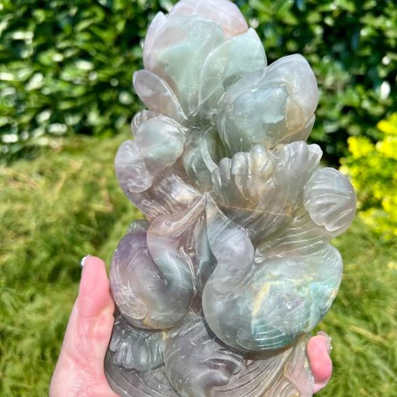 Candy Fluorite Swan and Lotus Carving 3.20lbs - Picture 7 of 9